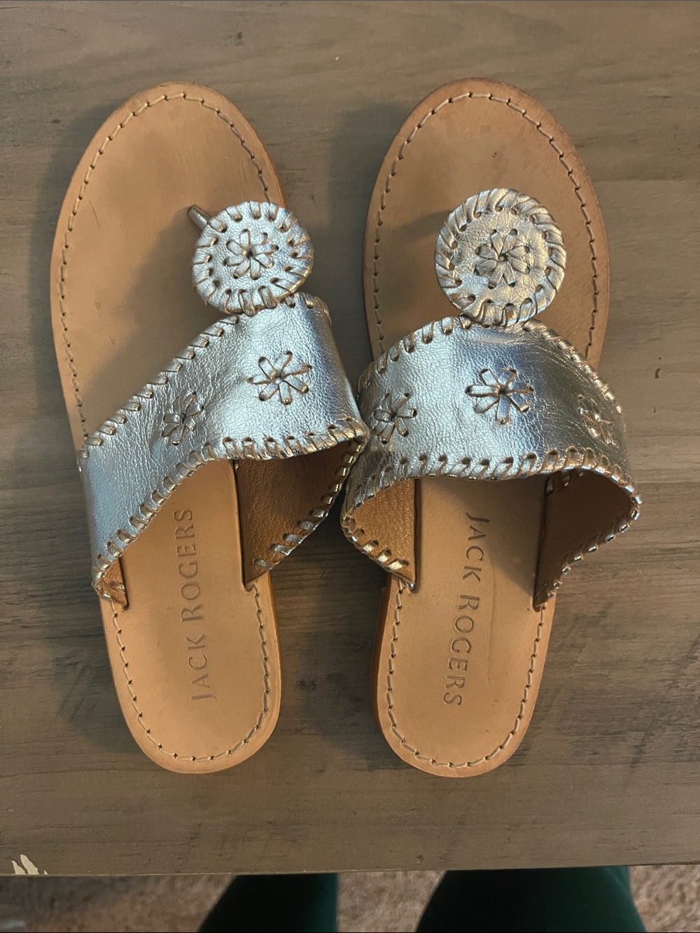 Jack Rogers Silver Leather Whipstitch Toe-Post Sandals